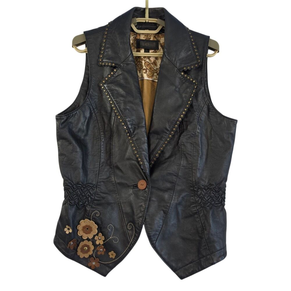 Black Leather Vest Lined VTG 90s Wilson's Studded Floral Appliqués Womens Large